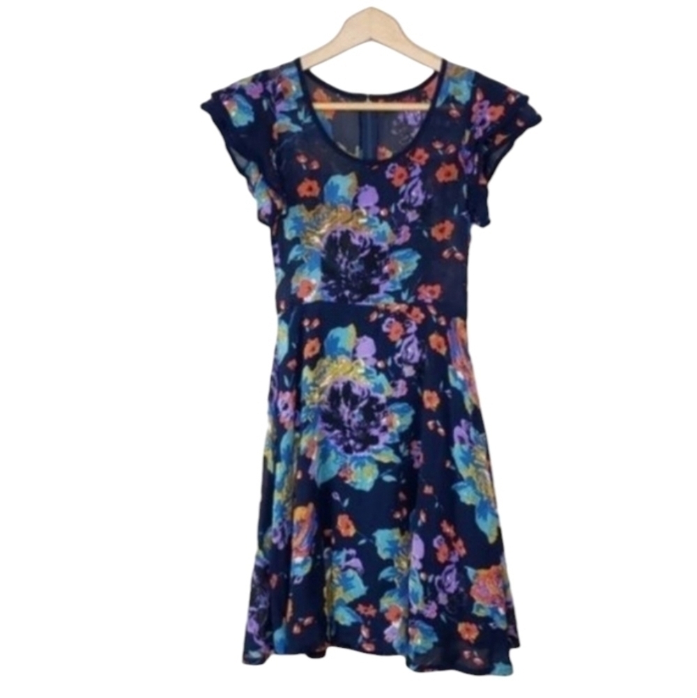 Y2K Motel Rocks Navy Purple Teal Orange Colorful Floral Dress Size XS